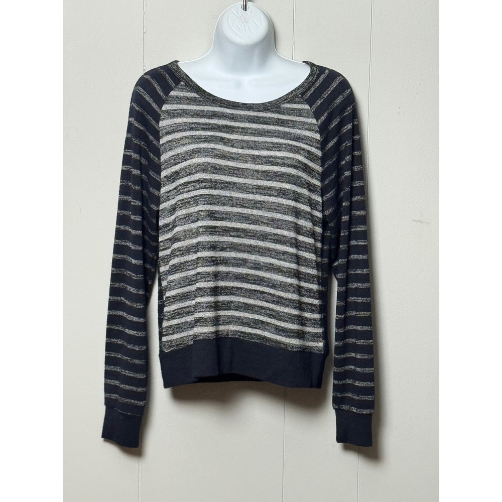 Tahari T Women's Striped Long Sleeve Raglan Top Navy Gray White Size Small